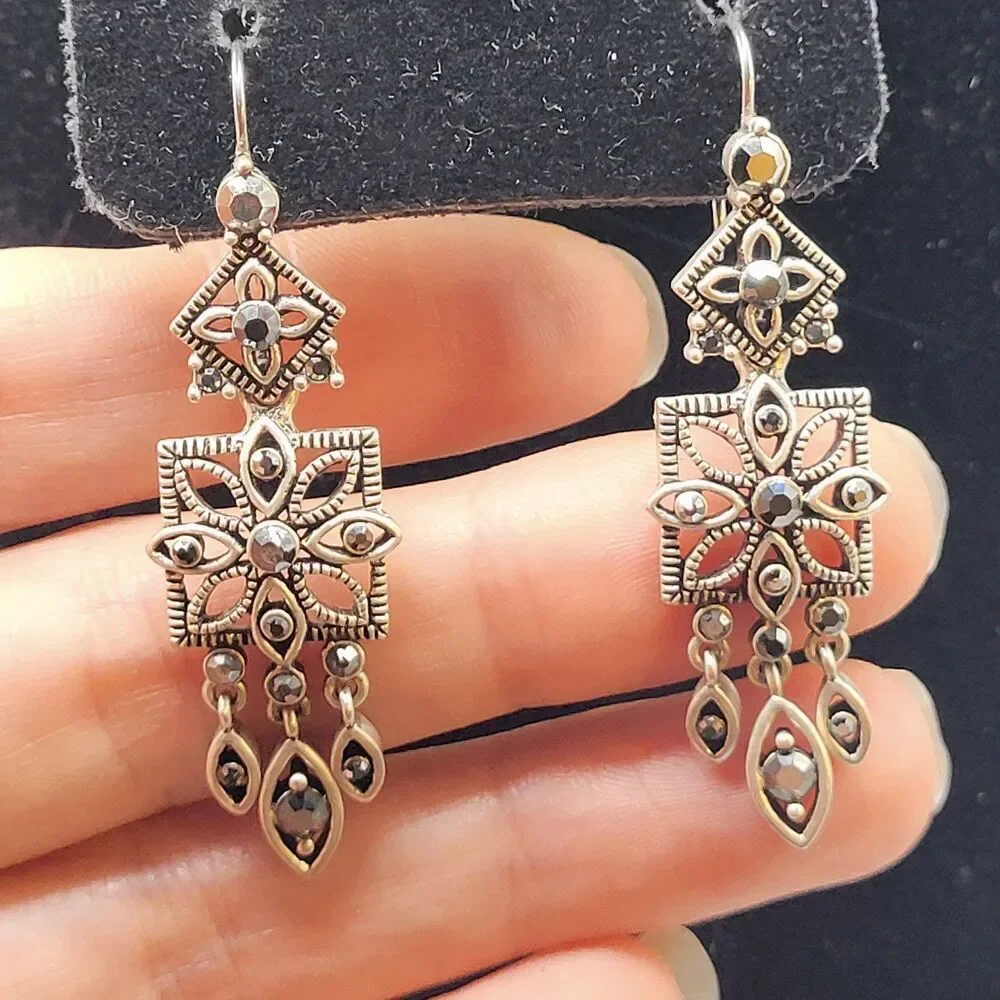 Vintage Marcasite Dangle Earrings Silver Tone Chandelier 2in